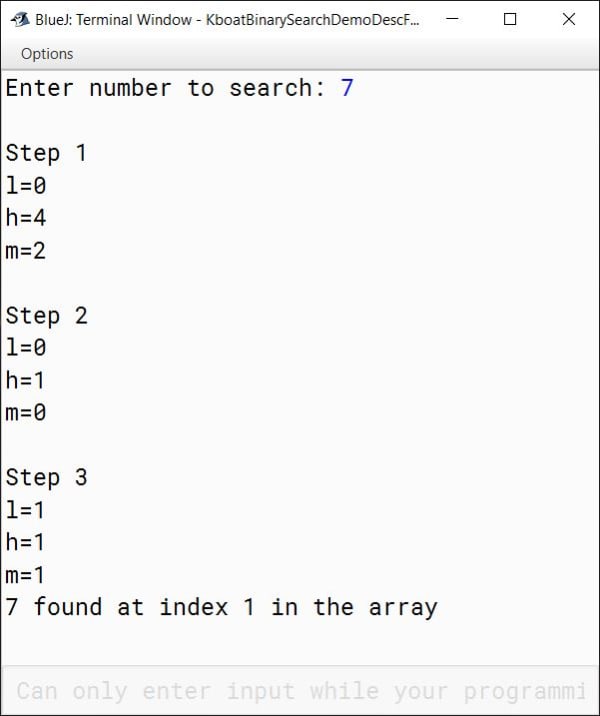 Binary Search Descending Array Java Program Output in BlueJ