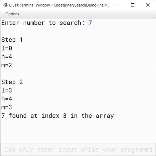 Binary Search Java Program Output in BlueJ