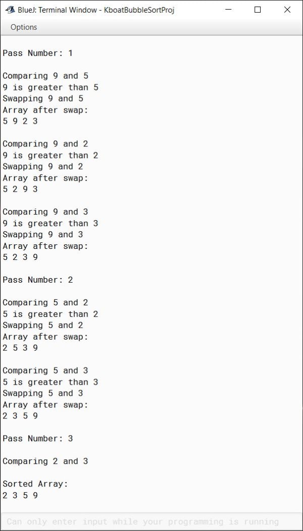 Bubble Sort Java Program in BlueJ Verbose Output