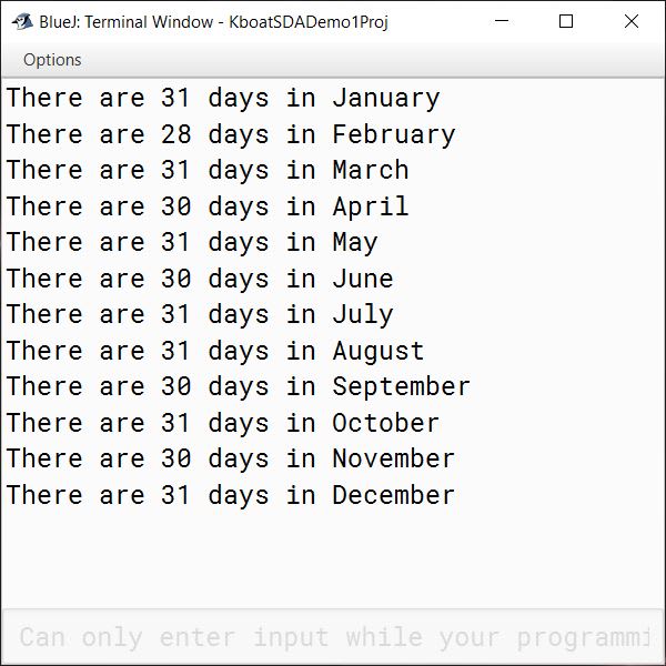 BlueJ output of simple array program in Java to print number of days in each month