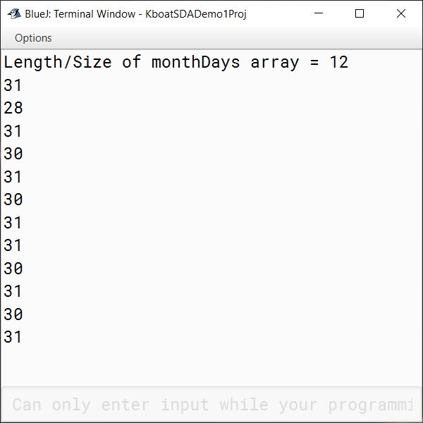 Java array program to print number of days in each month concise output