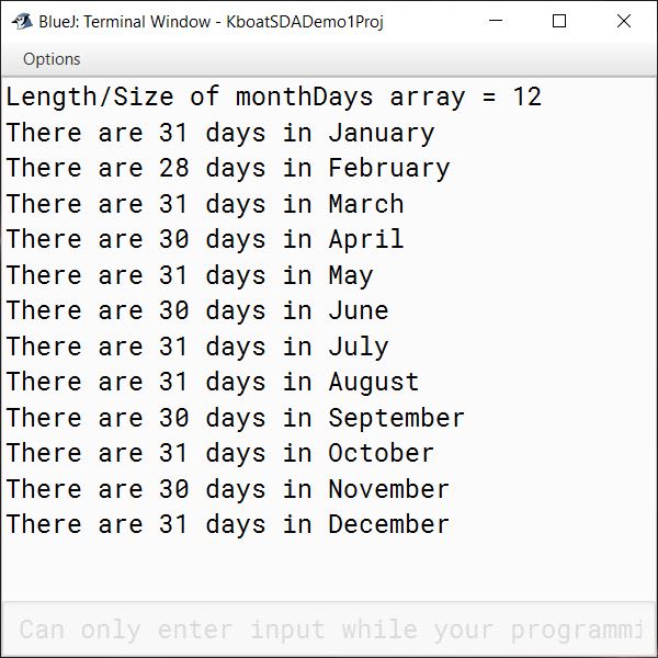 Verbose output of Java array program to print number of days in each month