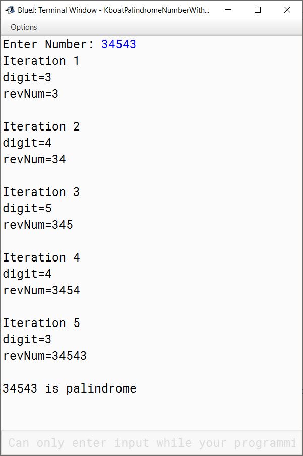 BlueJ output of palindrome number check program for number 34543