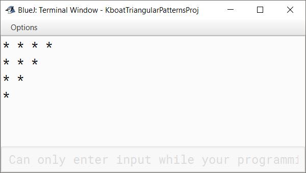 Inverted Triangle with stars Pattern Program BlueJ Output using Nested Loops for ICSE Java Class 10 Class 9 Computer Applications