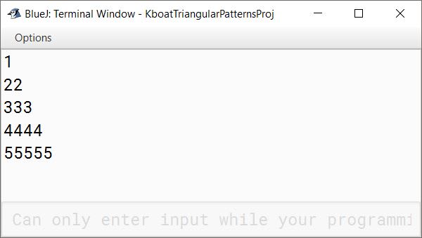 Right-Angled Triangle Pattern Program BlueJ Output using Nested Loops for ICSE Java Class 10 Class 9 Computer Applications