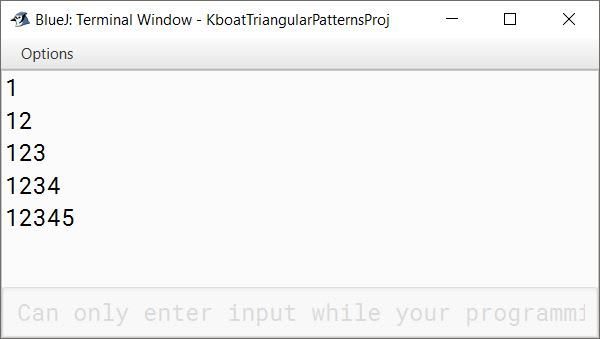 Right-Angled Triangle of Numbers Pattern Program BlueJ Output using Nested Loops for ICSE Java Class 10 Class 9 Computer Applications