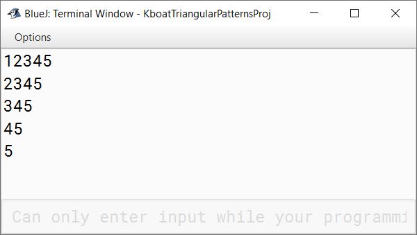 Inverted Right-Angled Triangle of Numbers Pattern Program BlueJ Output using Nested Loops for ICSE Java Class 10 Class 9 Computer Applications