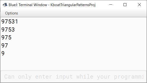 Number Triangle Pattern Program BlueJ Output using Nested Loops for ICSE Java Class 10 Class 9 Computer Applications