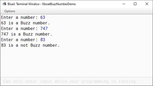 BlueJ output of Buzz number Java program