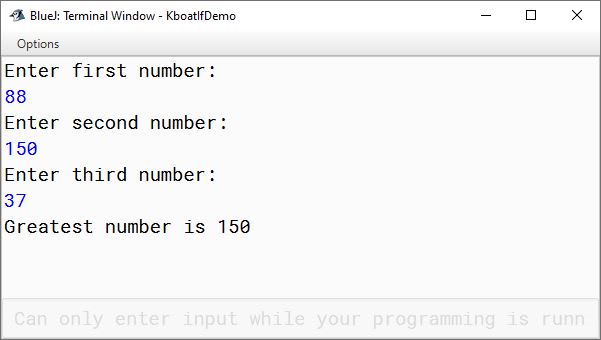 BlueJ output of Java program to find greatest of three numbers for ICSE Computer Applications course