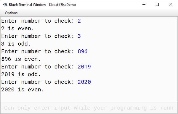 BlueJ output of Java program to check if a number is odd or even for ICSE Computer Applications course