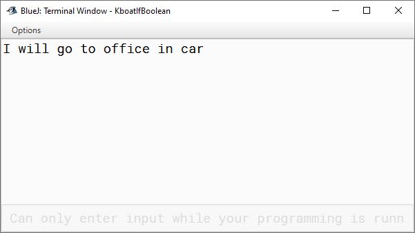 BlueJ output of Java program to show usage of boolean variable in if condition for ICSE Computer Applications course