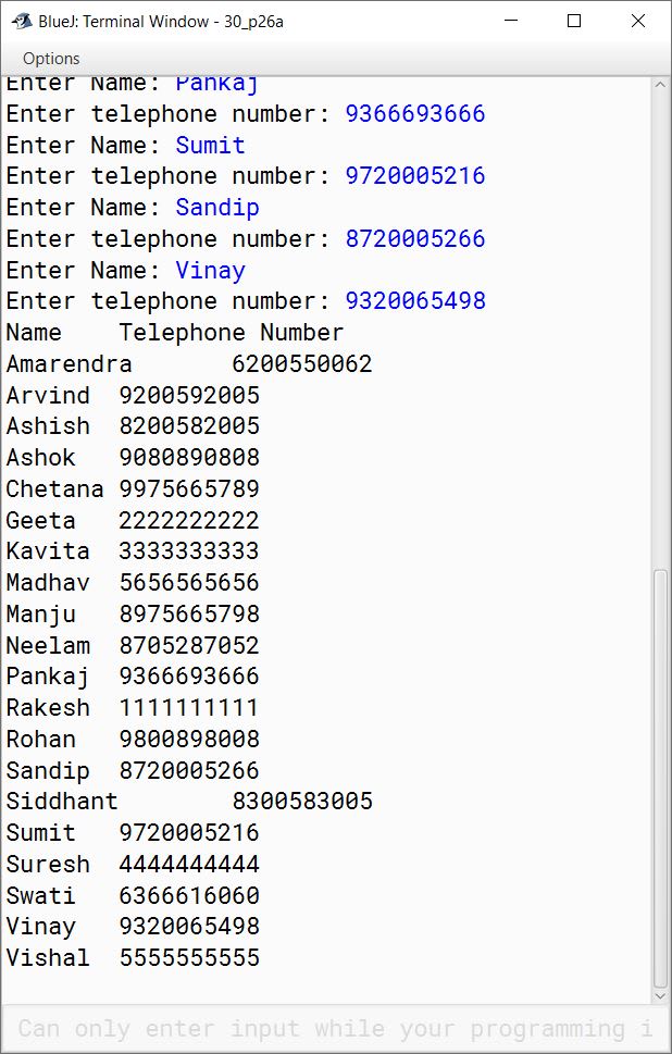 BlueJ output of KboatTelephoneBook.java