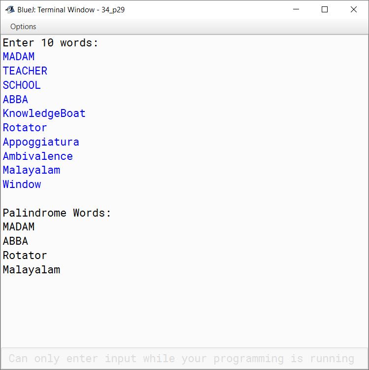 BlueJ output of KboatSDAPalindrome.java