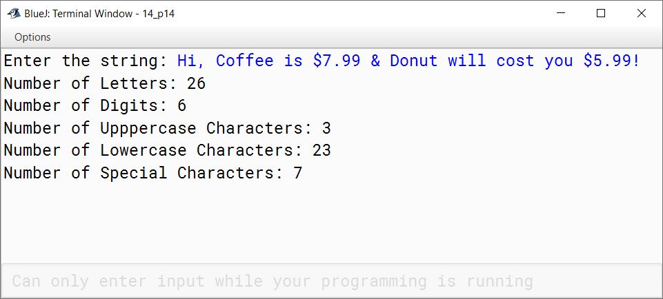 BlueJ output of Characters.java