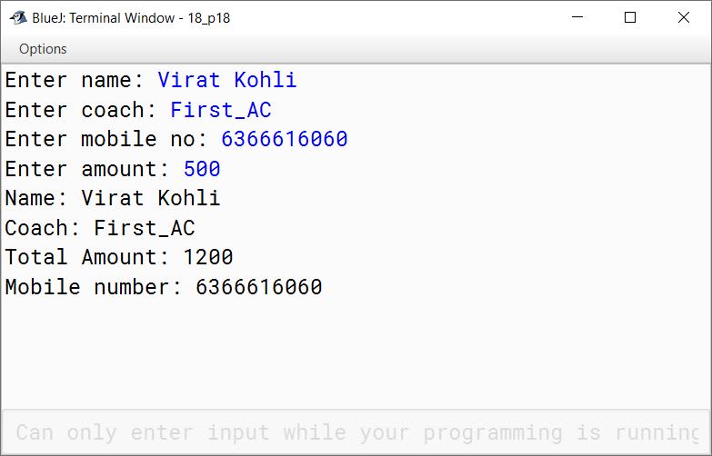 BlueJ output of RailwayTicket.java