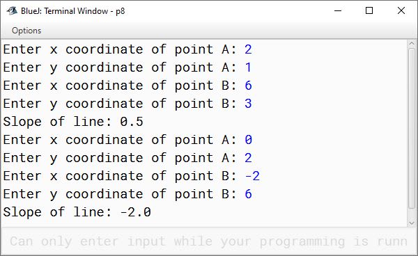 BlueJ output of KboatLineSlope.java