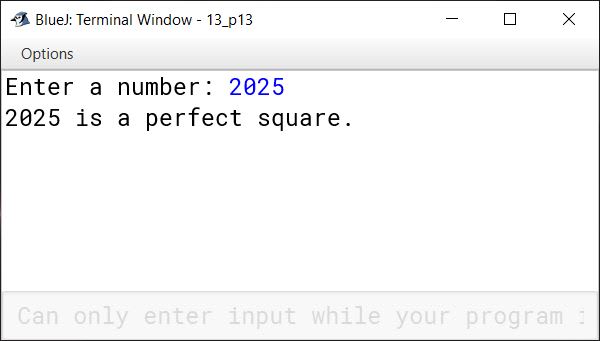 BlueJ output of KboatPerfectSquare.java