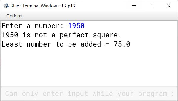 BlueJ output of KboatPerfectSquare.java