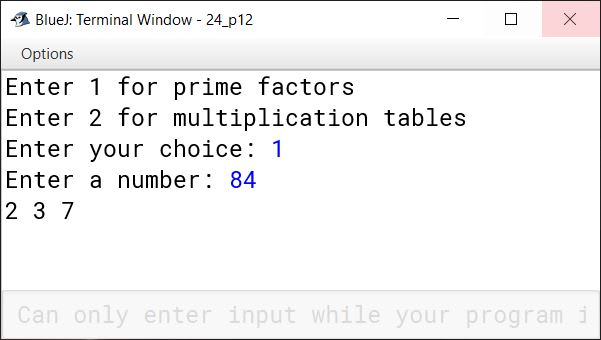 BlueJ output of KboatPrimeFactorsNTables.java