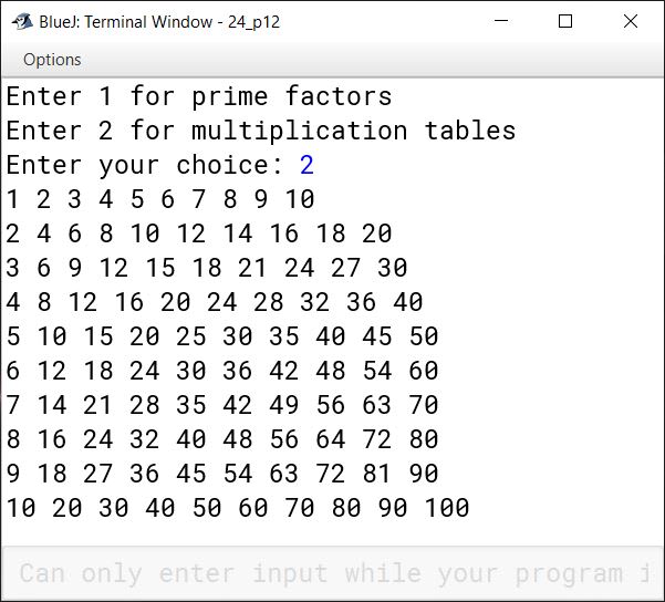 BlueJ output of KboatPrimeFactorsNTables.java