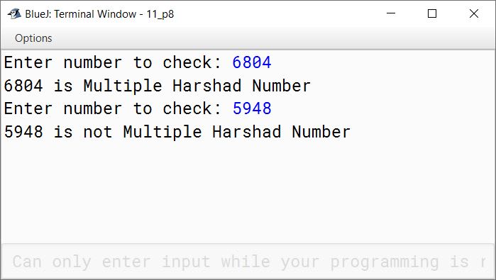 BlueJ output of KboatMultipleHarshad.java