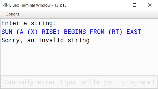 BlueJ output of KboatParenthesisCheck.java