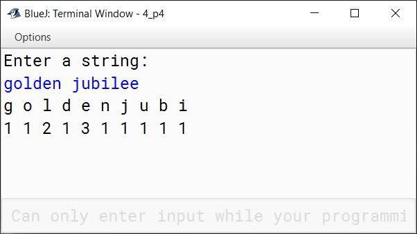 BlueJ output of KboatStringFreq.java