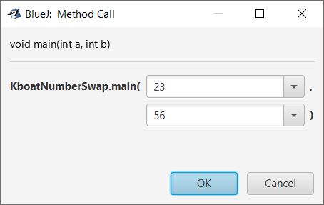 BlueJ output of KboatNumberSwap.java