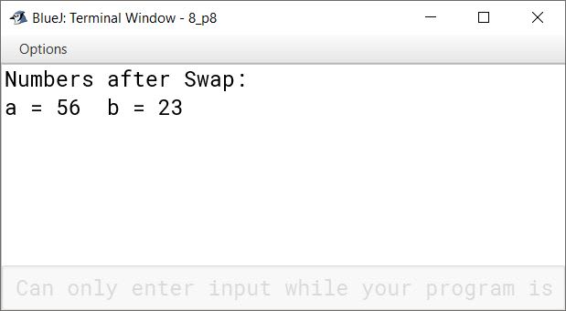 BlueJ output of KboatNumberSwap.java