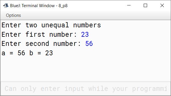 BlueJ output of KboatNumberSwap.java