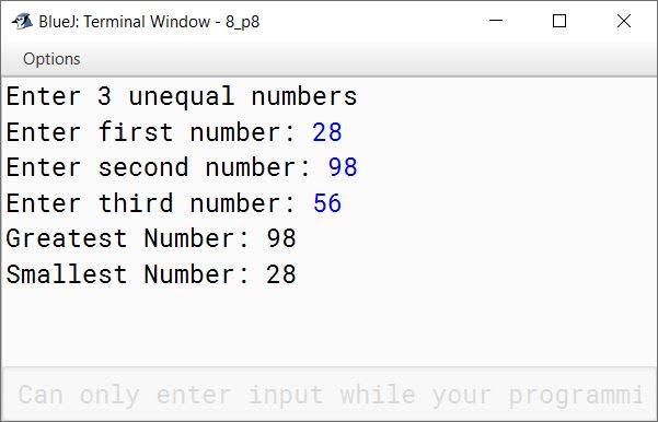 BlueJ output of KboatMinMaxNumbers.java