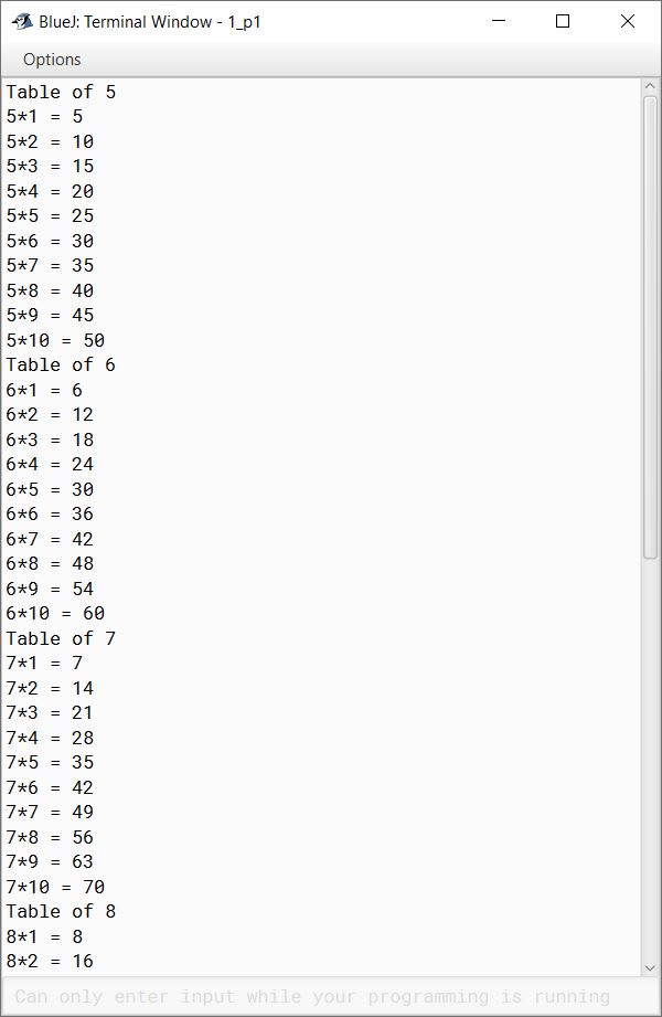 BlueJ output of Write a program to display the Mathematical Table from 5 to 10 for 10 iterations in the given format: Sample Output: Table of 5 5*1 = 5 5*2 =10 -------- -------- 5*10 = 50