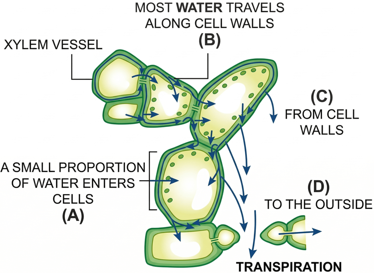 Given below is a figure of a 'probable pathway of water through leaf cells during transpiration'. Before transpiration, certain processes occur in the cells like imbibition, evaporation, osmosis, diffusion, etc. Transpiration, Concise Biology Solutions ICSE Class 10.