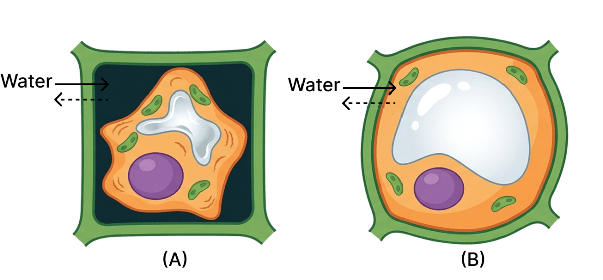 Figures A and B show plant cells after being kept for some time in two different solutions. Solutions A and B are: Absorption by Roots, Concise Biology Solutions ICSE Class 10.