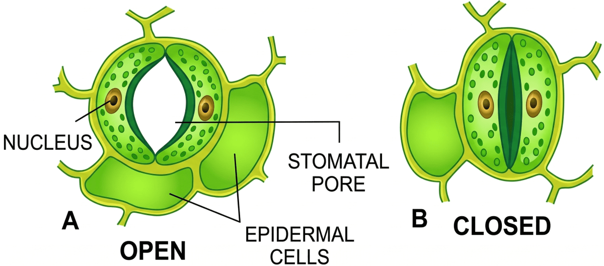 Given below are figures (A) and (B) showing open and closed stomatal apertures respectively. Photosynthesis, Concise Biology Solutions ICSE Class 10.