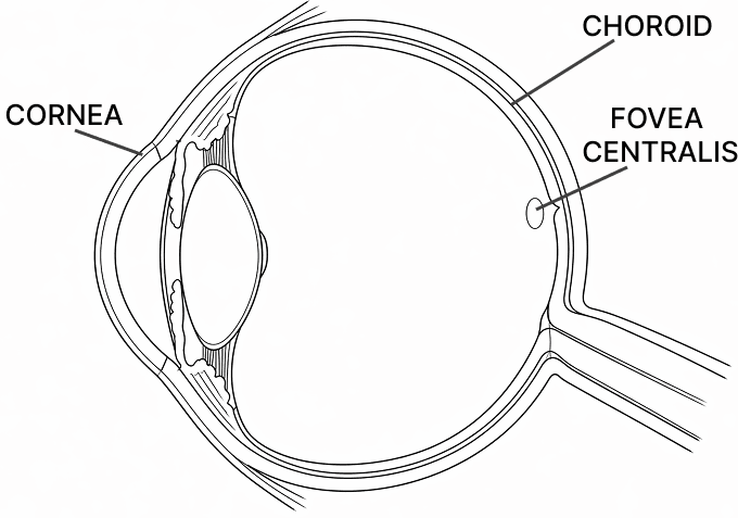 Draw a neat, labelled diagram of the human eye showing - cornea, choroid and fovea centralis. ICSE Concise 10 Biology Model Paper.