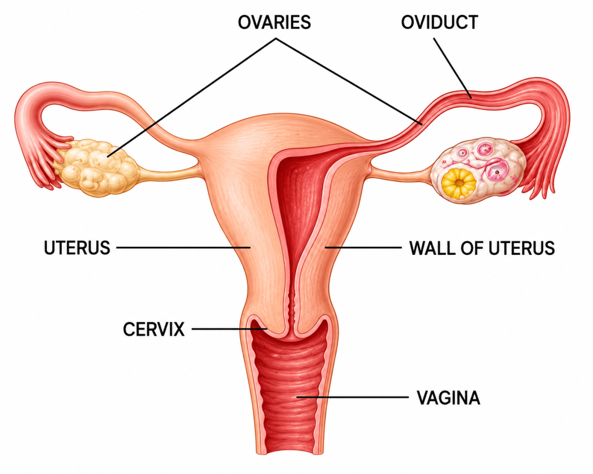 Labelled diagram of the human female reproductive system is shown below: Reproduction in Humans, Concise Biology Solutions ICSE Class 8.