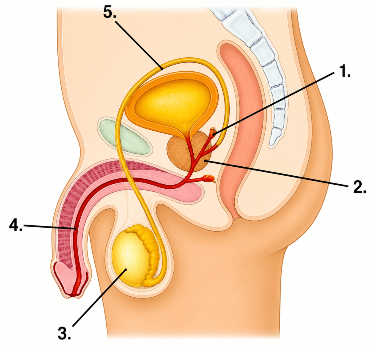 Given below is a diagram of the male reproductive system in humans. Label the parts indicated by numbers 1 to 5, and state their functions. Reproduction in Humans, Concise Biology Solutions ICSE Class 8.