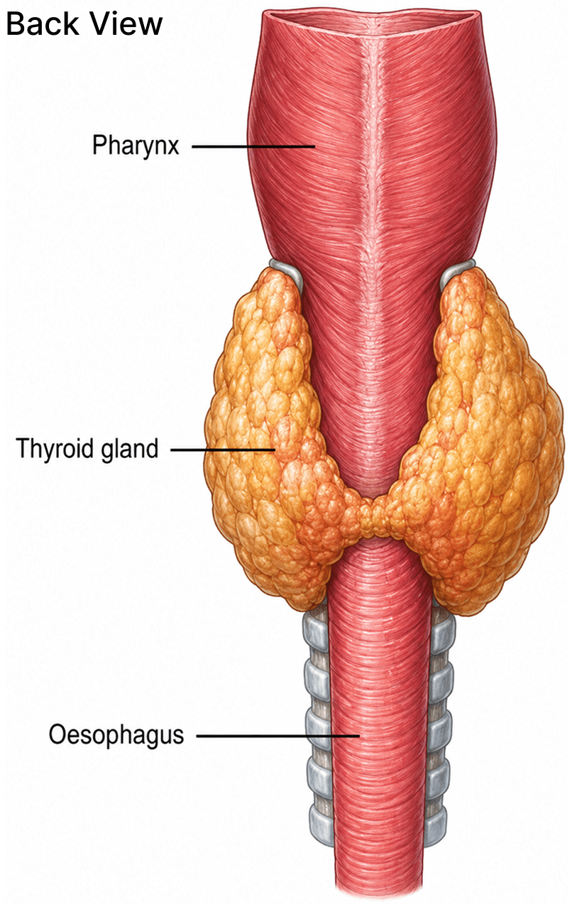 Draw neat and labelled diagrams of the thyroid gland showing its : (a) Front view (b) Back view. Endocrine System and Adolescence, Concise Biology Solutions ICSE Class 8.