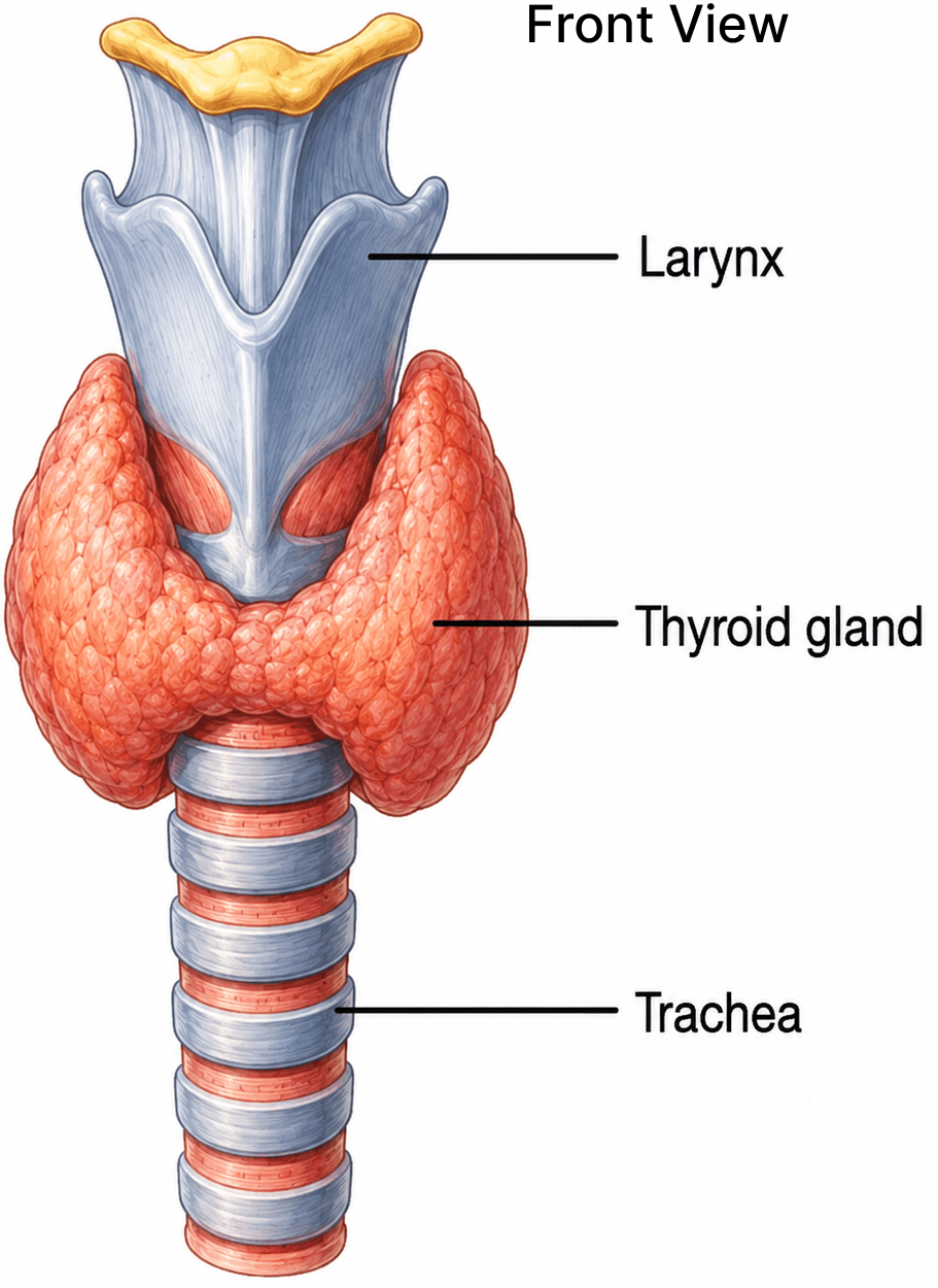 Below labelled diagram shows the front view of the thyroid gland. Endocrine System and Adolescence, Concise Biology Solutions ICSE Class 8.
