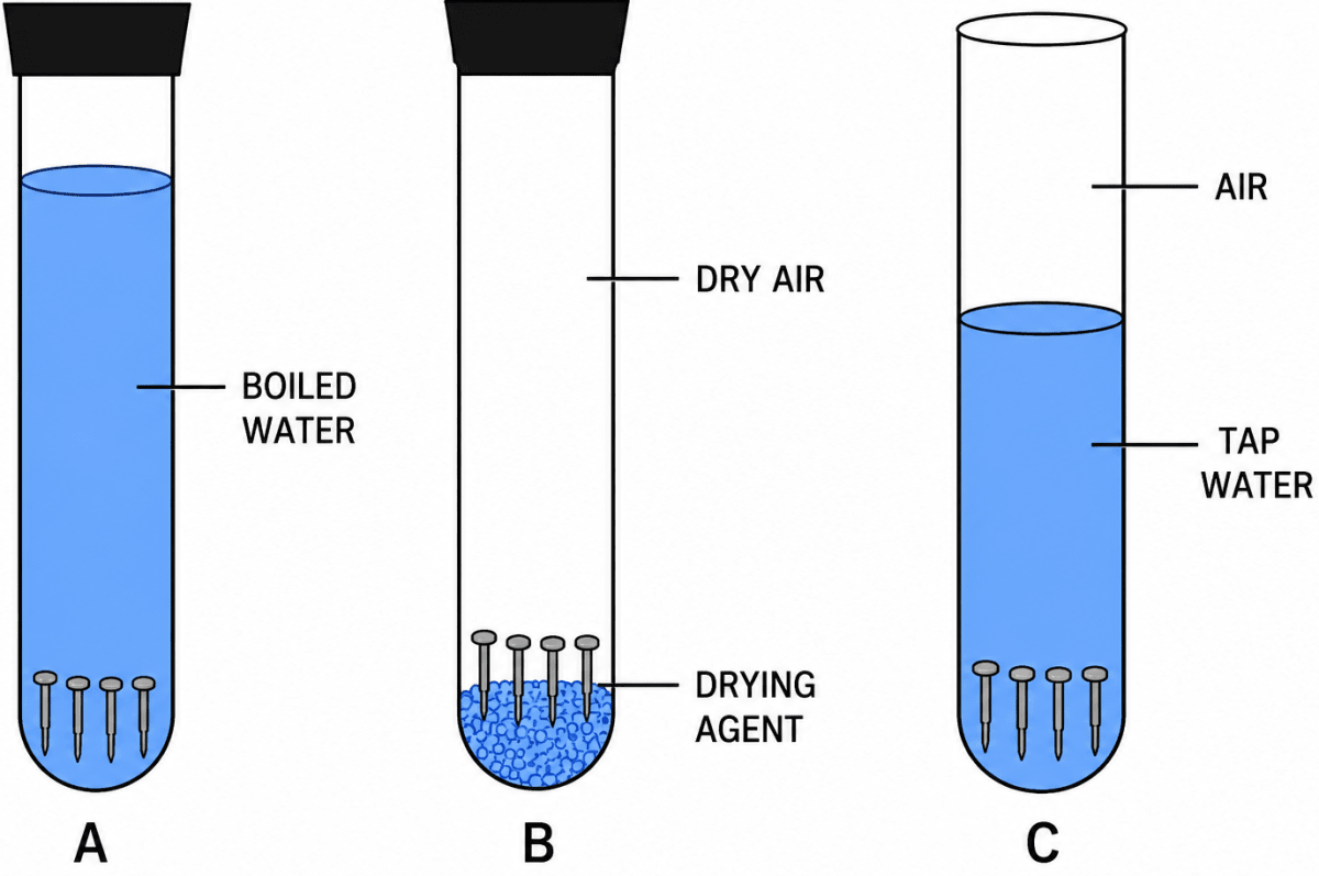 Three test tubes A, B and C are shown ahead containing clean iron nails. Elements, Compounds and Mixtures, Concise Chemistry Solutions ICSE Class 7