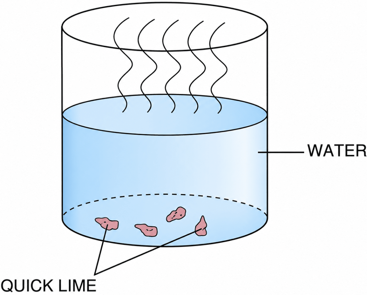 The diagram given ahead shows an experiment in which a few pieces of quicklime are added to water. Elements, Compounds and Mixtures, Concise Chemistry Solutions ICSE Class 7