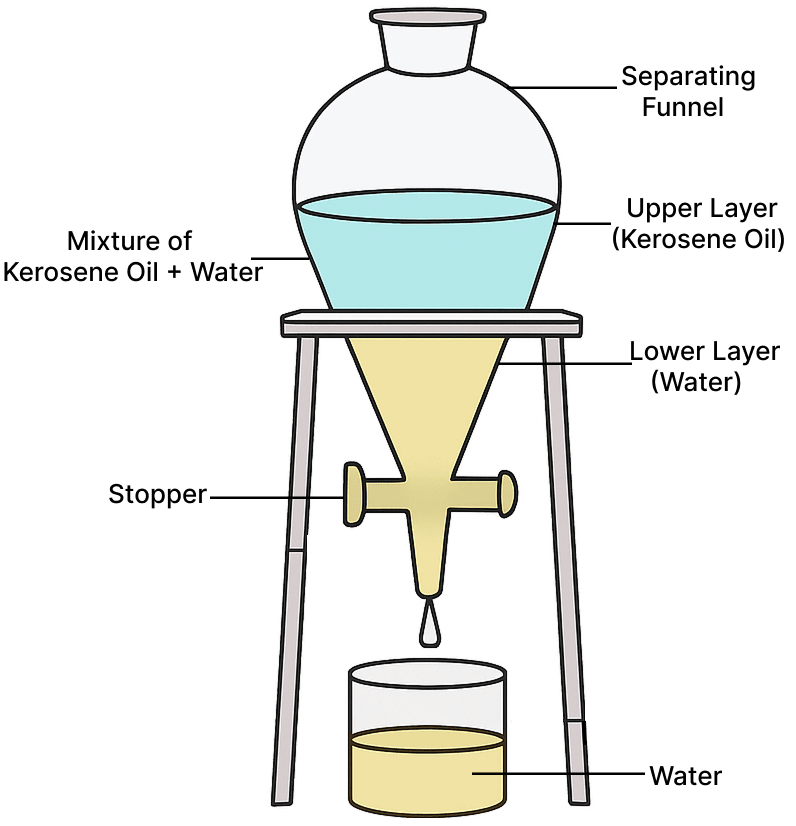 Draw a well-labelled diagram to separate kerosene oil from water. Elements, Compounds and Mixtures, Concise Chemistry Solutions ICSE Class 8