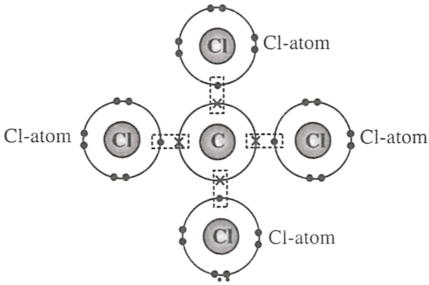 Select the correct statement(s) for the diagram shown below. P - One atom of carbon transfers one electron to each chlorine atom. Q - One atom of carbon shares four electron pairs, one with each of the four atoms of chlorine. R - Carbon atom attains neon configuration and chlorine attains argon configuration after the combination. Atomic Structure and Chemical Bonding, Concise Chemistry Solutions ICSE Class 9.
