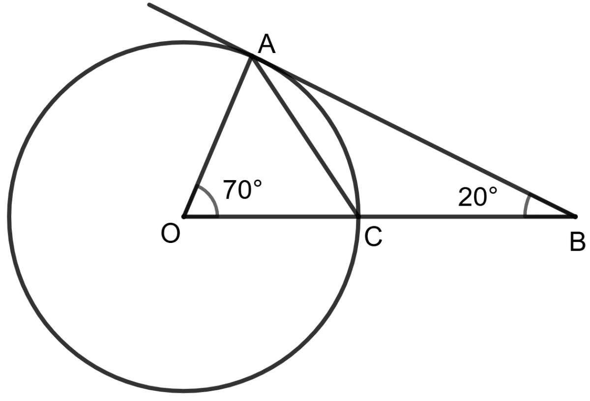 In the given figure, AB is tangent to the circle with center O. If OCB is a straight line segment, the angle BAC is : Tangents and Intersecting Chords, Concise Mathematics Solutions ICSE Class 10.