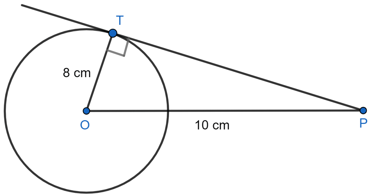 The radius of a circle is 8 cm. Calculate the length of a tangent drawn to this circle from a point at a distance of 10 cm from its centre. Tangents and Intersecting Chords, Concise Mathematics Solutions ICSE Class 10.