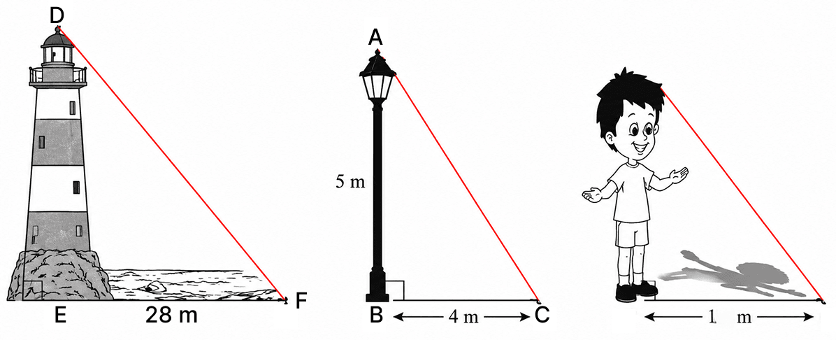 Rohan is trying to find the height of a tower shown below. He is using the properties of similar triangles. He observes a lamp post near it of height 5 m casting a shadow of 4 m on the ground. At the same time, he himself is casting a shadow of 1 m on the ground. Similarity (With Applications to Maps and Modules), Concise Mathematics Solutions ICSE Class 10.