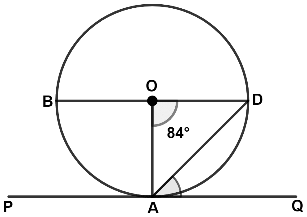 In the given figure O is center, PQ is tangent at point A. BD is diameter and ∠AOD = 84° then angle QAD is : Tangents and Intersecting Chords, Concise Mathematics Solutions ICSE Class 10.