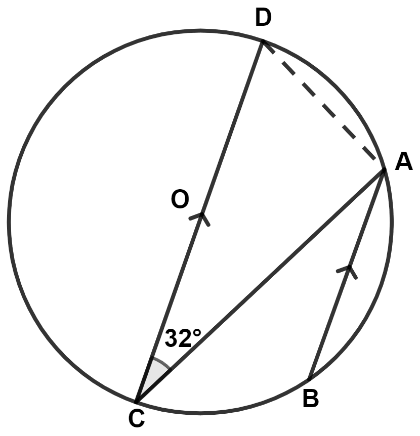 In the given figure, O is center of the circle, AB || DC and ∠ACD = 32°, ∠DAB is equal to : Circles, Concise Mathematics Solutions ICSE Class 10.